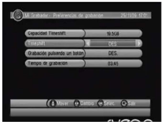 Mi Grabador - Preferencias de grabación 25/11/09 17:01 Capacidad Timestift 19.5GB Timestift DES Grabación pulsando un botón DES. Tiempo de grabación 03:45 Mover Cambio Setec Salx