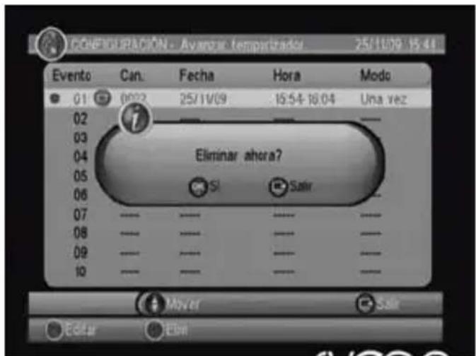 EVENTURACIÓN - Avance o tempatrado 25/10/09 15:41 Evento Can. Fecha Hora Modo 01 0022 25/11/09 15:54-16:04 Una vez 02 Eliminar ahora? 03 SI Salar 04 05 06 07 08 09 10 Mover Salar Editor Elmi