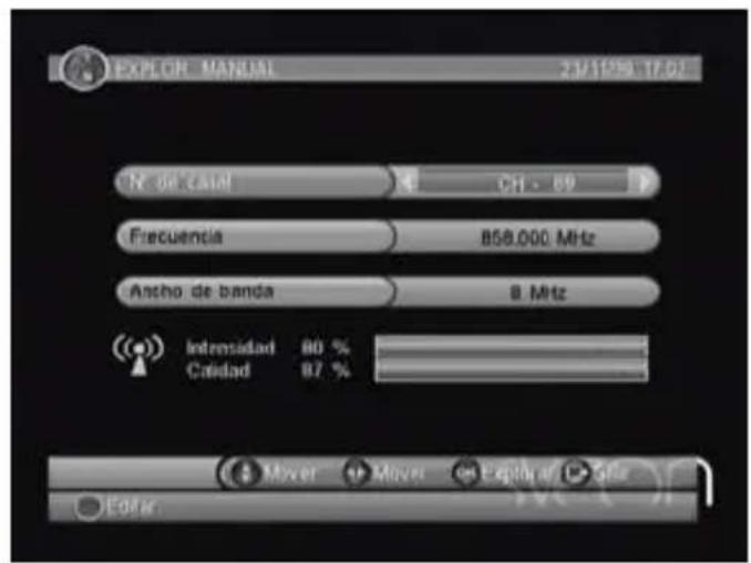 EXPLOR MANUAL 2.9/12/09 17:02 N de Canal CH - 89 Frecuencia 858.000 MHz Ancho de banda 8 MHz Intensidad 80 % Credad 87 % Mover Move Exptiva Go Editor