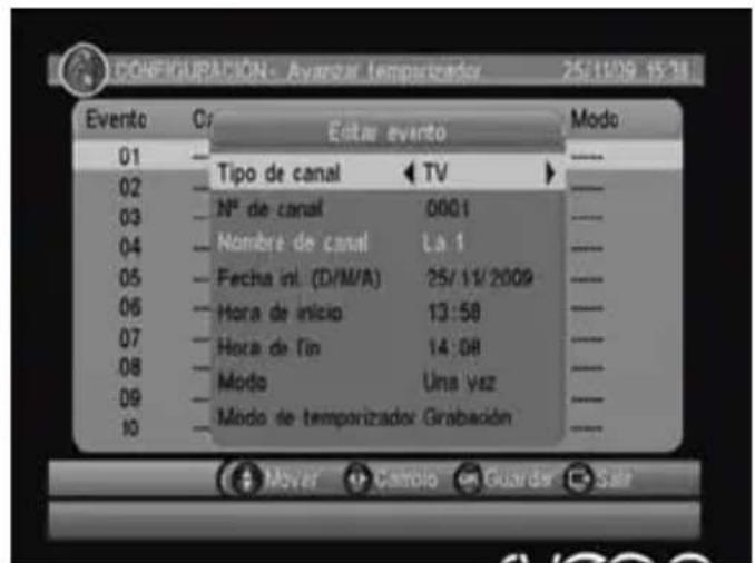 CONFIGURACIÓN - Avenciar temporizador 25/11/09 15:34 Evento Cr Este evento Modo 01 Tipo de canal TV --- 02 N° de canal 0001 --- 03 Nombre de canal La 1 --- 04 Fecha init. (D/M/A) 25/11/2009 --- 05 Hora de inicio 13:58 --- 06 Hora de fin 14:08 --- 07 Modo Una vez --- 08 Modo de temporizador Grabación --- 09 Modo de temporizador Grabación --- 10 Player Camolo Guardar Sale