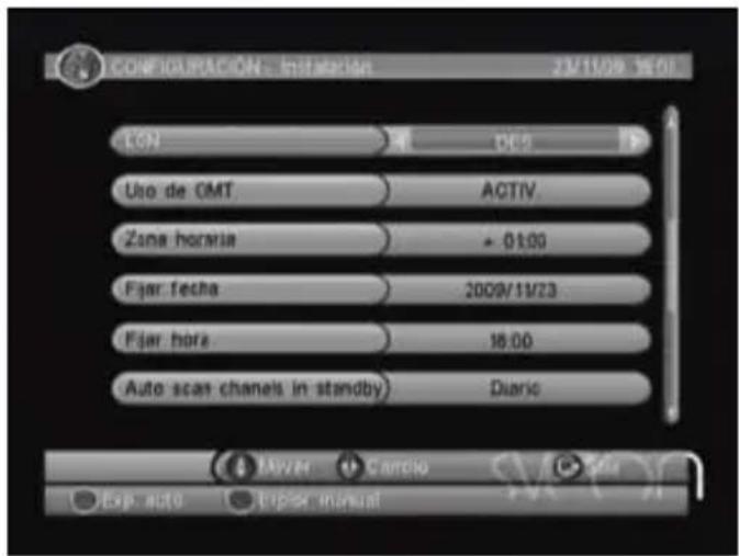 CONFIGURAÇÃO - INTRATO 23/11/08 19:01 LON Uso de CMT Zona horária Fijar fecha Fijar hora Auto scan channels in standby) ACTIV. 01:00 2009/11/23 16:00 Diario