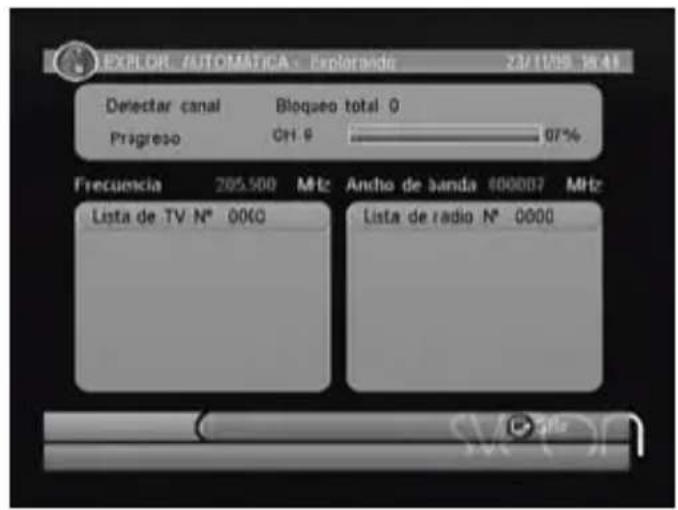 EXCELOR AUTOMÁTICA Explorado 23/12/09 16:41 Detector canal Bloqueo total 0 Progreso Ctrl. 9 97% Frecuencia 205.500 MHz Ancho de banda 000007 MHz Lista de TV N° 0000 Lista de radio N° 0000