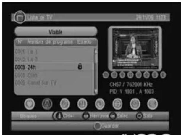 Lapa de TV 26 11/09 11:33 Viable N° Nombre de programa Estando 0001 La 1 0002 La 2 0003 24h 0004 Ch# 0005 Navaf Dia TV CH57 / 762004 KHz PID: V 1001 , A 1003 Elogues: CH+ - Narnjosa S### - S### QUAMOR