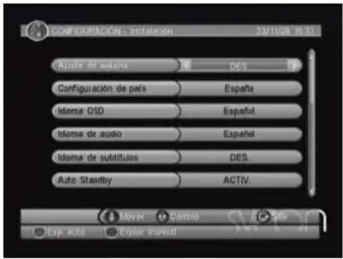 CONFIGURAÇÃO: AQUIRACIÓN 22/17/06 19:03 Ácate de seleita DES Configuración de país España Idoma OSD Español Idoma de audio Español Idoma de subtítulos DES. Auto Standby ACTIV.