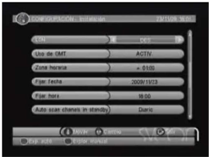 CONCREPION: 19/19/2023 23:15:00 - 36:01 LON OEM Uso de OMT ACTIV. Zone horaria + 01:00 Fijar fecha 2009/11/23 Fijar hora 16:00 Auto scan channels in standby) Diario