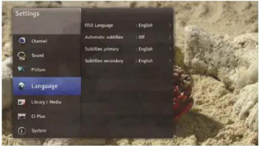 Settings OSO Language : English > Automatic subtities : Off > Subtities primary : English > Subtities secondary : English > Language Library / Media CI Plus System