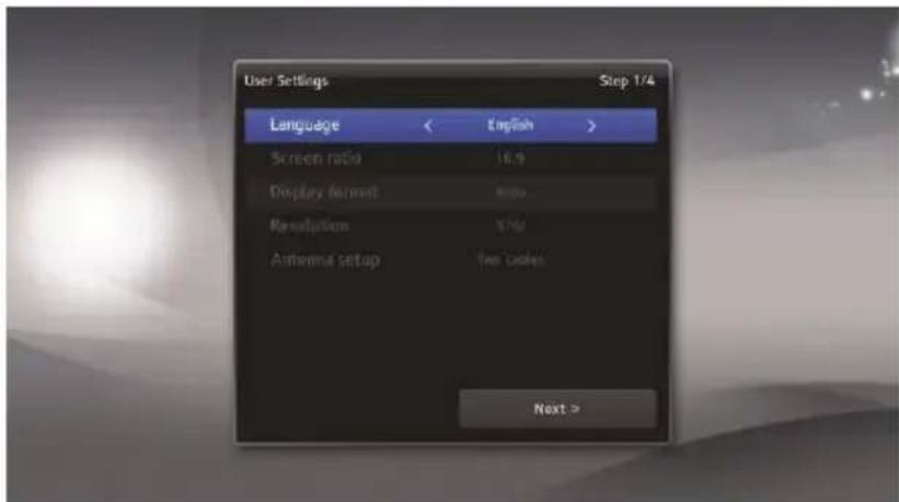 User Settings Step 1/4 Language < English > Screen ratio 16.9 Display format 800 Resolution 570 Antenna setup Two bytes Next >