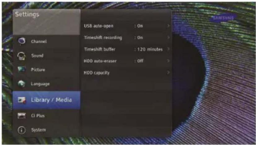 Settings USB auto-open : On > Timeshift recording : On > Timeshift buffer : 120 minutes > HDD auto-eraser : Off > HDD capacity > Library / Media CI Plus System