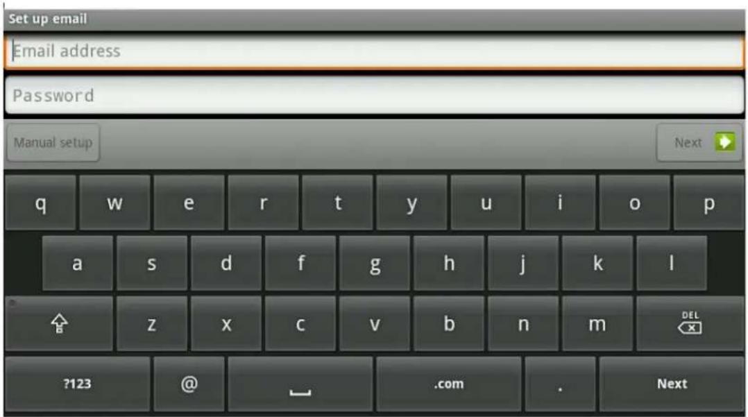 Set up email Email address Password Manual setup q w e r t y u i o p a s d f g h j k l z x c v b n m DEL ?123 @ _ .com . Next