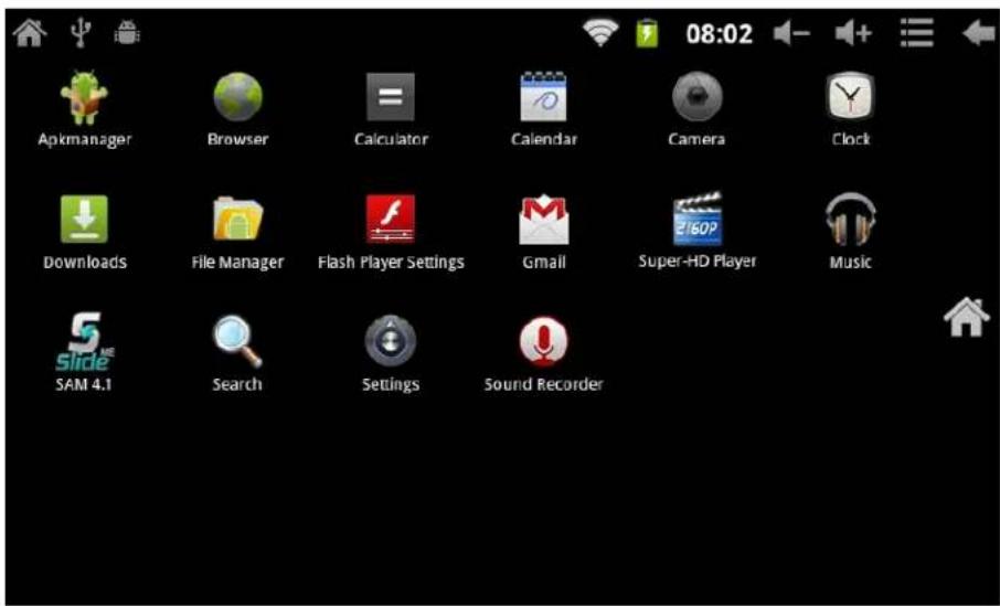 08:02 Apkmanager Browser Calculator Calendar Camera Clock Downloads File Manager Flash Player Settings Gmail Super-HD Player Music S Slide SAM 4.1 Search Settings Sound Recorder
