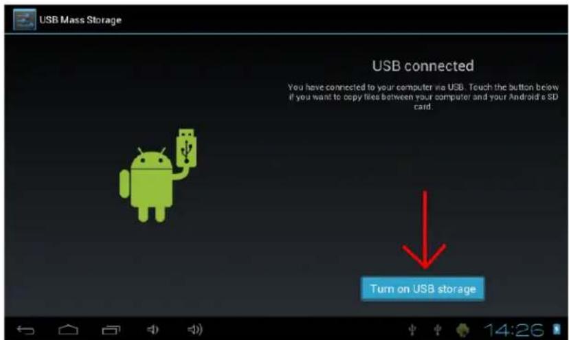 USB Mass Storage USB connected You have connected to your computer via USB. Touch the button below if you want to copy files between your computer and your Android's SD card. Turn on USB storage