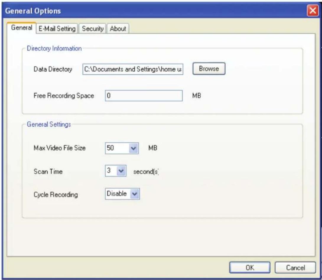 General Options General E-Mail Setting Security About Directory Information Data Directory C:\Documents and Settings\home u: Browse Free Recording Space 0 MB General Settings Max Video File Size 50 MB Scan Time 3 second(s) Cycle Recording Disable OK Cancel