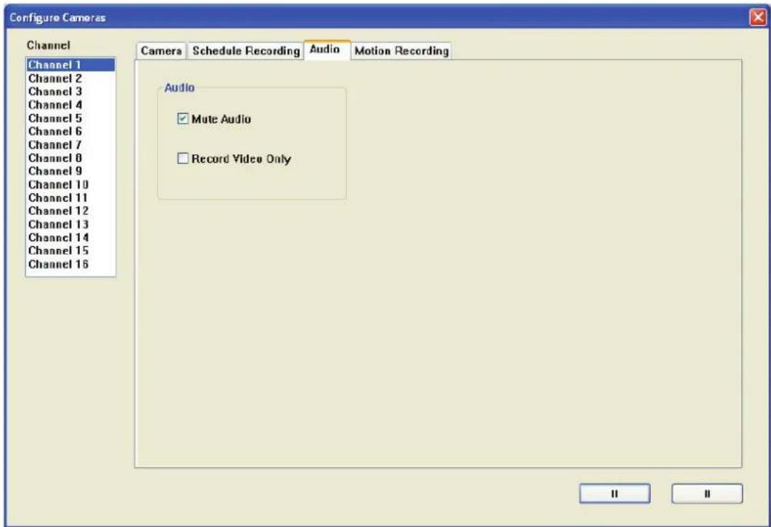 Configure Cameras Channel Channel 1 Channel 2 Channel 3 Channel 4 Channel 5 Channel 6 Channel 7 Channel 8 Channel 9 Channel 10 Channel 11 Channel 12 Channel 13 Channel 14 Channel 15 Channel 16 Camera Schedule Recording Audio Motion Recording Audio ✓ Mute Audio □ Record Video Only II II