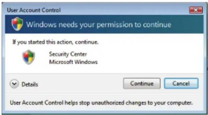 User Account Control Windows needs your permission to continue If you started this action, continue. Security Center Microsoft Windows Details Continue Cancel User Account Control helps stop unauthorized changes to your computer.