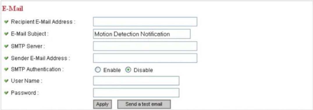 E-Mail ✓ Recipient E-Mail Address : ✓ E-Mail Subject : Motion Detection Notification ✓ SMTP Server : ✓ Sender E-Mail Address : ✓ SMTP Authentication : Enable ✓ Disable ✓ User Name : ✓ Password : Apply Send a test email