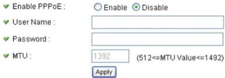 Enable PPPoE : User Name : Password : MTU : 1392 (512<=MTU Value<=1492) Apply Enable Disable
