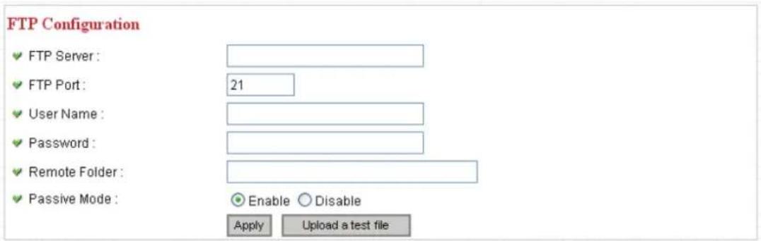 FTP Configuration ✓ FTP Server : ✓ FTP Port : 21 ✓ User Name : ✓ Password : ✓ Remote Folder : ✓ Passive Mode : Enable Disable Apply Upload a test file
