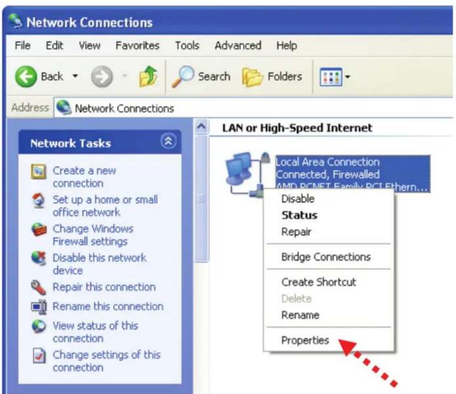 Network Connections File Edit View Favorites Tools Advanced Help Back Search Folders Address Network Connections Network Tasks Create a new connection Set up a home or small office network Change Windows Firewall settings Disable this network device Repair this connection Rename this connection View status of this connection Change settings of this connection LAN or High-Speed Internet Local Area Connection Connected, Firewalled AMD ECNET Family PCI Ethernet... Disable Status Repair Bridge Connections Create Shortcut Delete Rename Properties