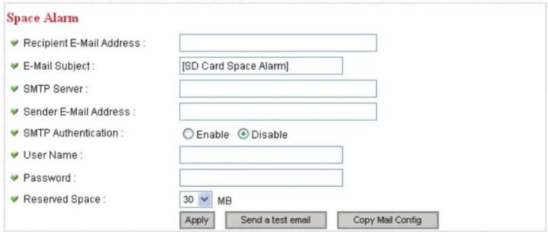 Space Alarm ✓ Recipient E-Mail Address : ✓ E-Mail Subject : [SD Card Space Alarm] ✓ SMTP Server : ✓ Sender E-Mail Address : ✓ SMTP Authentication : Enable Disable ✓ User Name : ✓ Password : ✓ Reserved Space : 30 MB Apply Send a test email Copy Mail Config