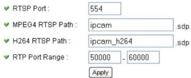 RTSP Port : 554 MPEG4 RTSP Path : ipcam .sdp H264 RTSP Path : ipcam_h264 .sdp RTP Port Range : 50000 - 60000 Apply