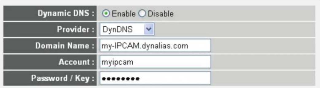 Dynamic DNS : Enable Disable Provider : DynDNS Domain Name : my-IPCAM.dynalias.com Account : myipcam Password / Key : ••••••••••