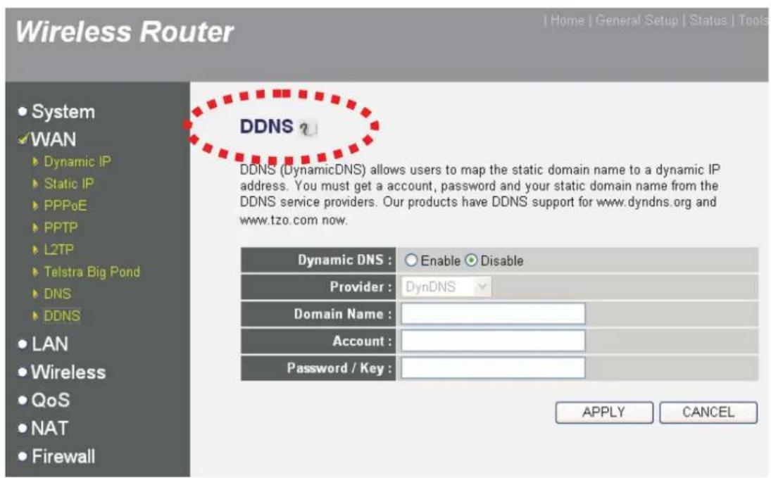 Wireless Router System WAN Dynamic IP Static IP PPPoE PPTP L2TP Telstra Big Pond DNS DDNS LAN Wireless QoS NAT Firewall DDNS (DynamicDNS) allows users to map the static domain name to a dynamic IP address. You must get a account, password and your static domain name from the DDNS service providers. Our products have DDNS support for www.dyndns.org and www.tzo.com now. Dynamic DNS : Enable Disable Provider : DynDNS Domain Name : Account : Password / Key : APPLY CANCEL