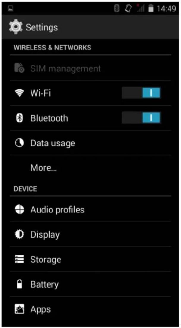 Settings WIRELESS & NETWORKS SIM management Wi-Fi Bluetooth Data usage More... DEVICE Audio profiles Display Storage Battery Apps