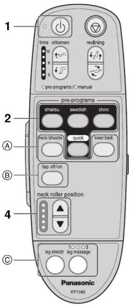 1 time ottoman reclining 15 9 3 ○pre-programs /○manual pre-programs shiatsu swedish chiro neck/shoulde quick lower back tap off/on neck roller position 4 C 10003 leg stretch leg massage Panasonic EP1285