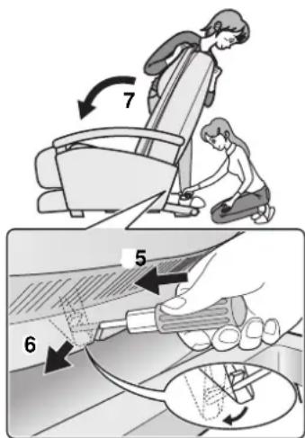 Diagram illustrating a person using a seatbelt with numbered steps and a magnified view of the tool's adjustment.