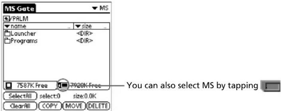 MS Gate ✓/PALM ✓ name ✓ size Launcher Programs 7587K Free 7920K Free SelectAll select:0 size:0.0K ClearAll COPY MOVE DELETE You can also select MS by tapping