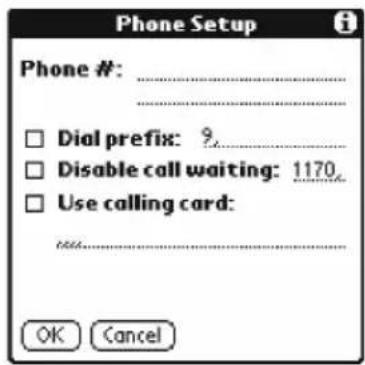 Phone Setup Phone #: ________ □ Dial prefix: 9. □ Disable call waiting: 1170. □ Use calling card: OK Cancel