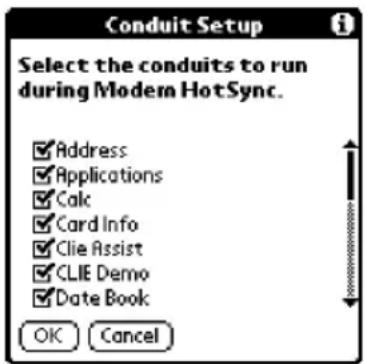 Conduit Setup Select the conduits to run during Modem HotSync. Address Applications Calc Card Info Ctie Assist CLIE Demo Date Book OK Cancel