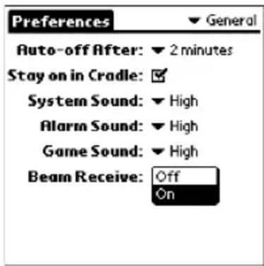 Preferences Auto-off After: ▼ 2 minutes Stay on in Cradle: System Sound: ▼ High Alarm Sound: ▼ High Game Sound: ▼ High Beam Receive: Off On