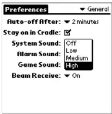 Preferences Auto-off After: ▼ 2 minutes Stay on in Cradle: System Sound: Off Alarm Sound: Low Game Sound: Medium Beam Receive: High On