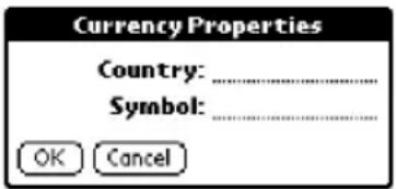 Currency Properties Country: ________ Symbol: ________ OK Cancel