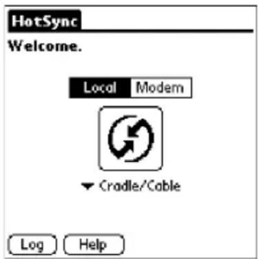 HotSync Welcome. Local Modem ▼ Cradle/Cable Log Help