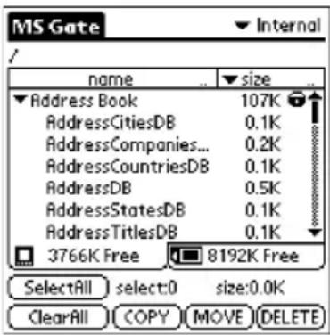 MS Gate Internal / name size Address Book 107K AddressCitiesDB 0.1K AddressCompanies... 0.2K AddressCountriesDB 0.1K AddressDB 0.5K AddressStatesDB 0.1K AddressTitlesDB 0.1K 3766K Free 8192K Free SelectAll select:0 size:0.0K ClearAll COPY MOVE DELETE