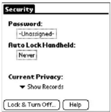Security Password: -Unassigned- Auto Lock Handheld: Never Current Privacy: Show Records Lock & Turn Off... Help