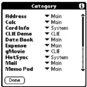 Category Address Calc Card Info CLIE Demo Date Book Expense gMovie HotSync Mail Memo Pad Done ▼ Main ▼ Main ▼ System ▼ CLIE ▼ Main ▼ Main ▼ System ▼ Main ▼ Main