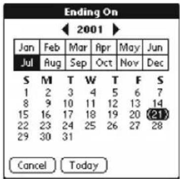 Ending On ← 2001 ► Jan Feb Mar Apr-May Jun Jul Aug Sep Oct Nov Dec S M T W T F S 1 2 3 4 5 6 7 8 9 10 11 12 13 14 15 16 17 18 19 20 (21) 22 23 24 25 26 27 28 29 30 31 Cancel Today
