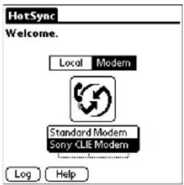 HotSync Welcome. Local Modem Standard Modem Sony CLIE Modem Log Help
