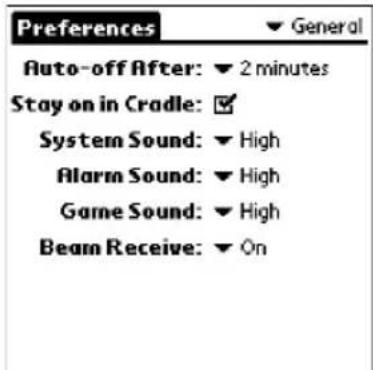 Preferences ▼ General Auto-off After: ▼ 2 minutes Stay on in Cradle: System Sound: ▼ High Alarm Sound: ▼ High Game Sound: ▼ High Beam Receive: ▼ On