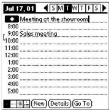 Jul 17, 01 Meeting at the showroom 8:00 9:00 Sales meeting 10:00 11:00 12:00 1:00 2:00 3:00 4:00 5:00 New Details Go To