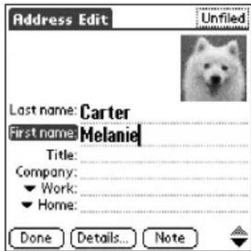 Address Edit Last name: Carter First name: Melanie Title: Company: Work: Home: Done Details... Note
