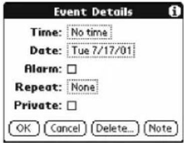 Event Details Time: No time Date: Tue 7/17/01 Alarm: □ Repeat: None Private: □ OK Cancel Delete... Note