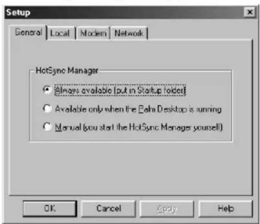 Setup General Local Modern Network HotSync Manager ● Always available (put in Startup folder) ○ Available only when the Ealm Desktop is running ○ Manual (you start the HotSync Manager yourself) OK Cancel Apply Help