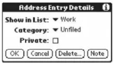 Address Entry Details Show in List: ▼ Work Category: ▼ Unfiled Private: □ OK Cancel Delete... Note