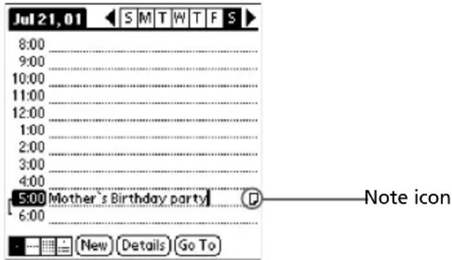 Jul 21, 01 SMTWTF S 8:00 9:00 10:00 11:00 12:00 1:00 2:00 3:00 4:00 5:00 Mother's Birthday party D Note icon 6:00 New Details Go To