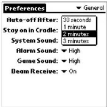 Preferences ▼ General Auto-off After: 30 seconds Stay on in Cradle: 1 minute System Sound: 2 minutes Alarm Sound: 3 minutes Game Sound: ▼ High Beam Receive: ▼ On