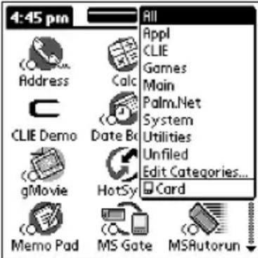 4:45 pm Address Calc CLIE Demo Date Bo gMovie HotSy Memo Pad MS Gate MSRutorun All Appl CLIE Games Main Palm.Net System Utilities Unfiled Edit Categories... Card
